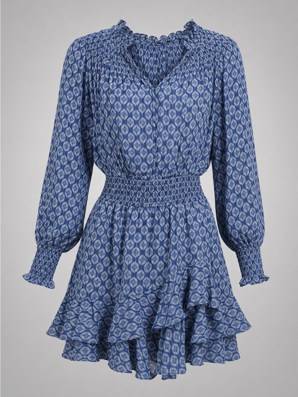 Blue Printed Smocked-Waist Mini Dress